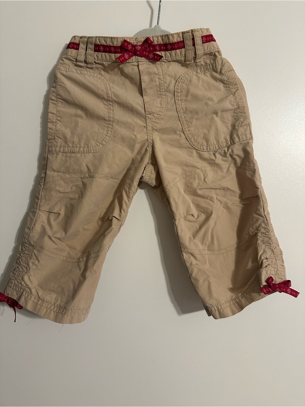 Toddler Girls' Khaki Capri Pants with Red Bow Detail